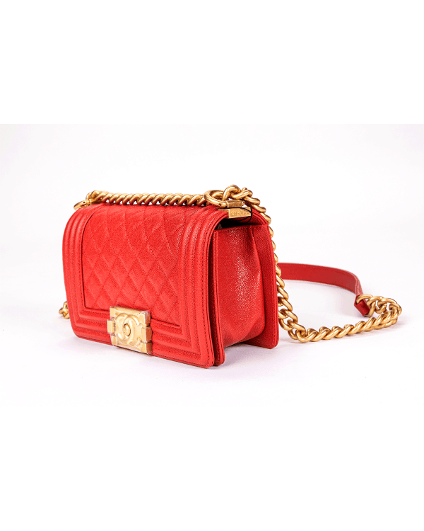 Chanel Boy Bag with Quilted Grained Calfskin Red Leather - Image 2